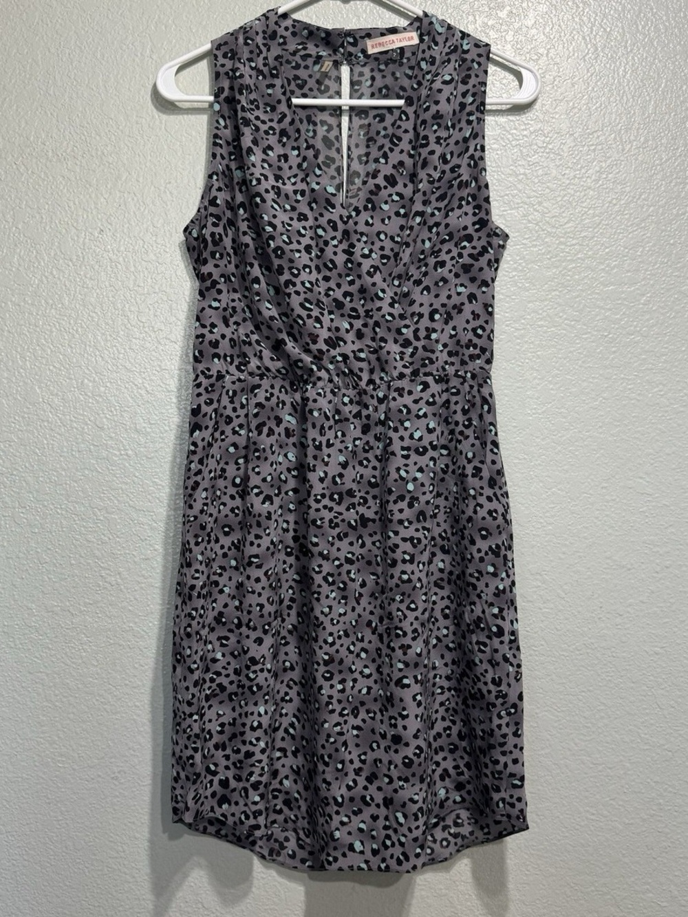 Rebecca Taylor Gray Leopard-Print Midi Dress with Mint Spots